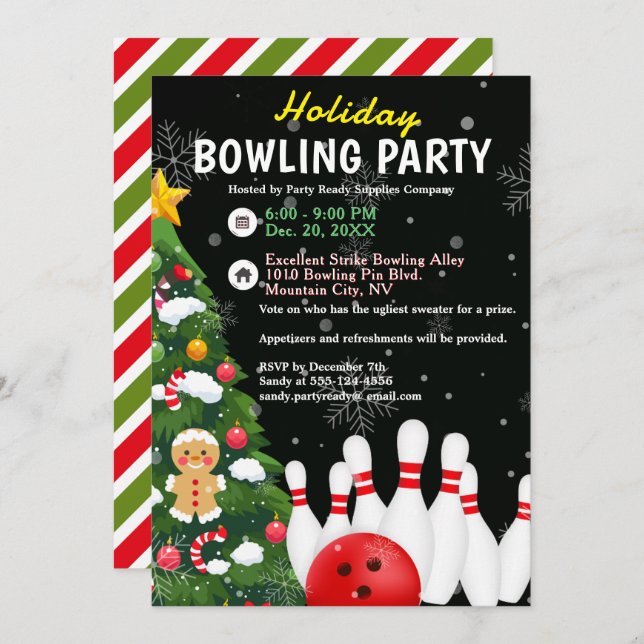 Holiday Bowling Party Xmas Tree Black Background Invitation (Front/Back)
