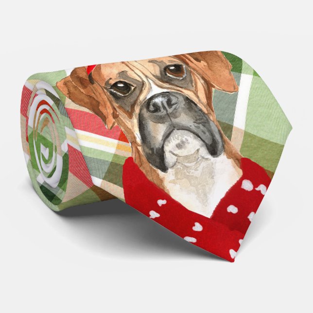 Holiday Boxer Dog Red and Green Plaid Christmas Tie (Rolled)