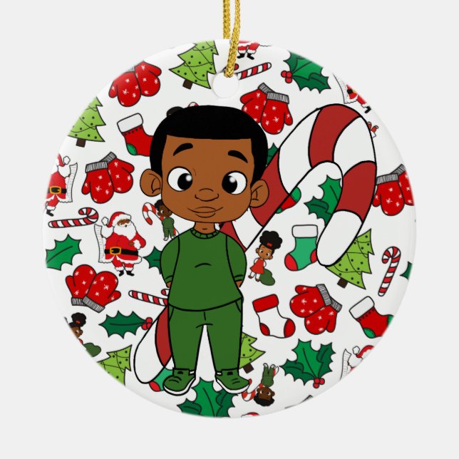 Holiday Boy Caramel Christmas Ceramic Ornament (Front)