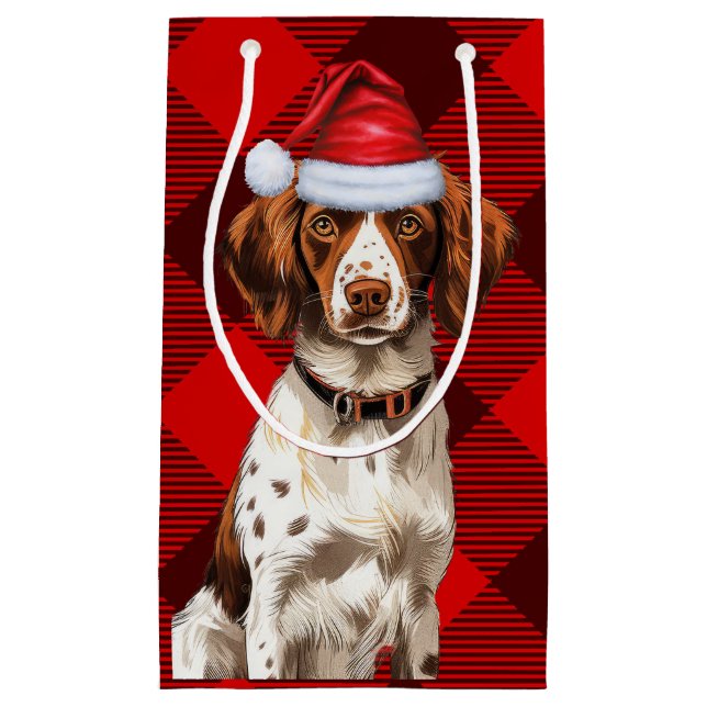 Holiday Brittany Spaniel Dog Red Plaid Christmas Small Gift Bag (Front)