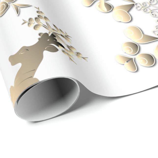 Holiday Bronzy Reindeer Snowflakes on White Wrapping Paper (Roll Corner)