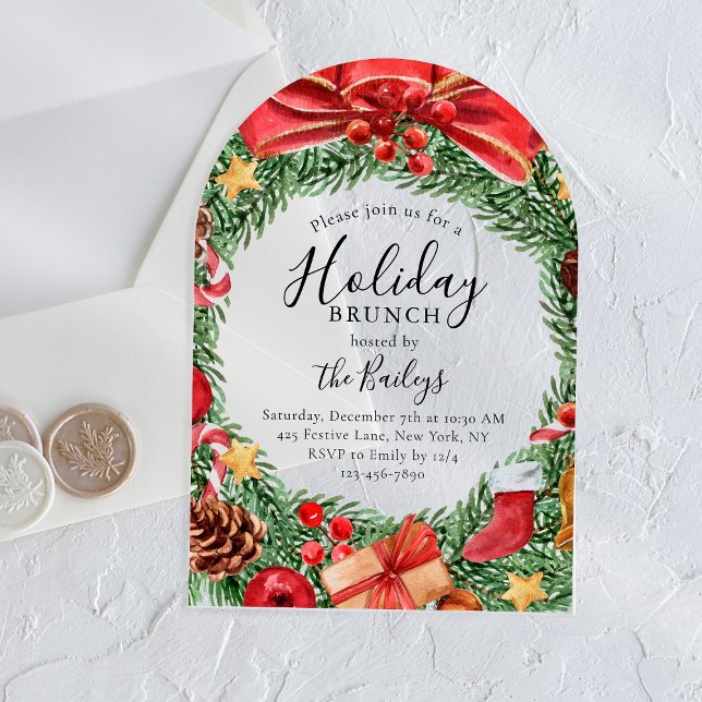 Holiday Brunch Chic Floral Christmas Party Acrylic Invitations (Creator Uploaded)