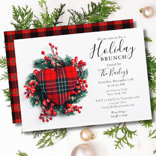 Holiday Brunch   Christmas Brunch Red Tartan Heart Invitation