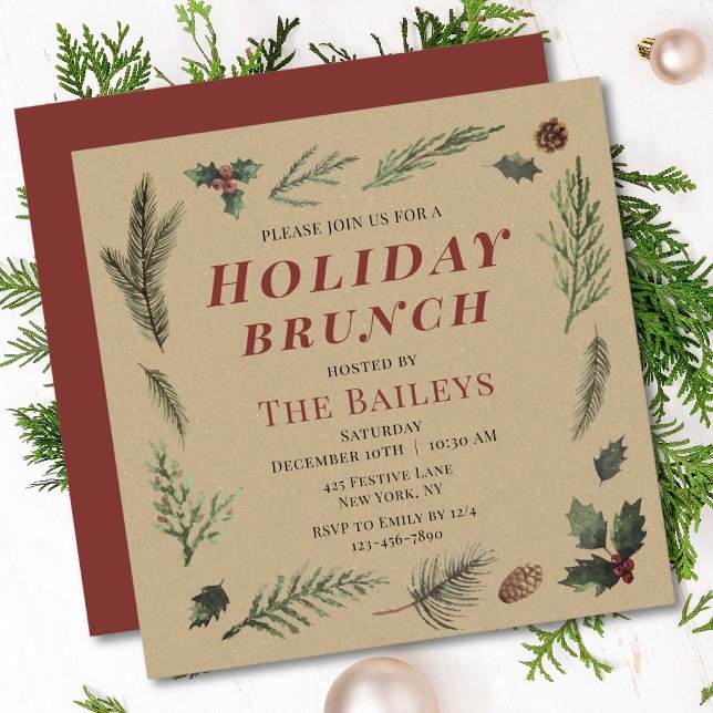 Holiday Brunch Christmas Rustic Winter Floral Invitation (Creator Uploaded)