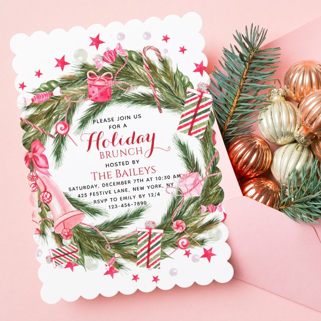 Holiday Brunch Elegant Christmas Floral Wreath Invitation (Creator Uploaded)