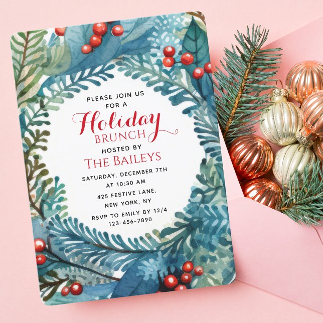 Holiday Brunch Elegant Christmas Floral Wreath Invitation (Creator Uploaded)
