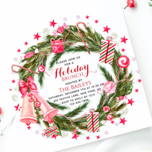 Holiday Brunch Elegant Christmas Floral Wreath Invitation