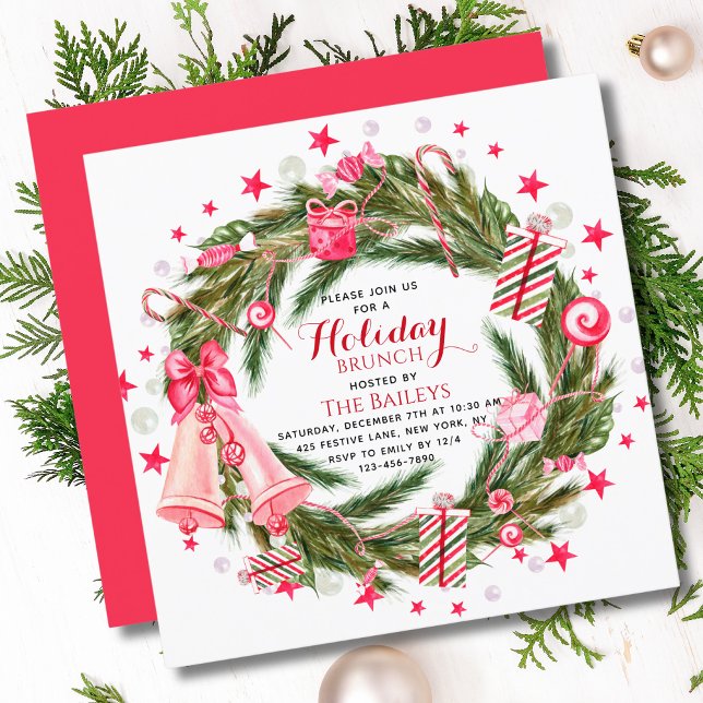 Holiday Brunch Elegant Christmas Floral Wreath Invitation (Creator Uploaded)