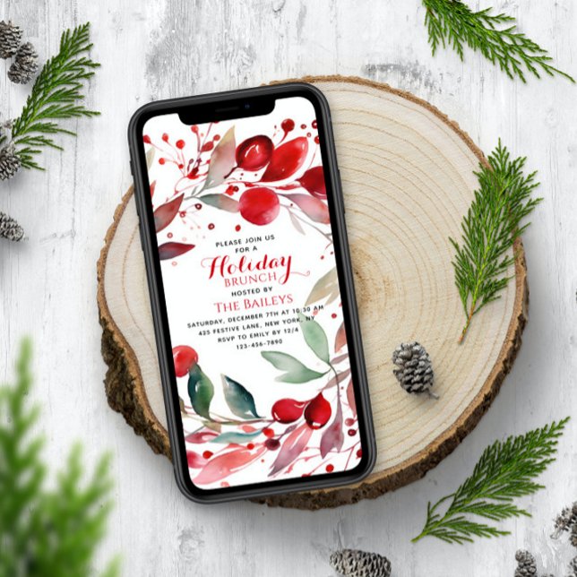 Holiday Brunch Elegant Christmas Red Floral Wreath Invitation (Creator Uploaded)