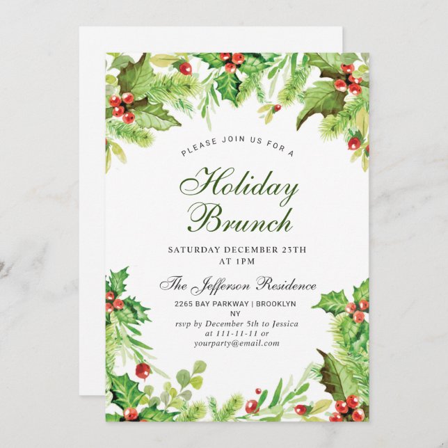 Holiday Brunch Red Holly Berry  Christmas Invitation (Front/Back)