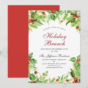 Holiday Brunch Red Holly Berry  Christmas Invitation