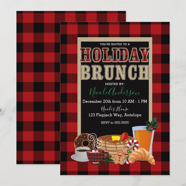 Holiday Brunch Rustic Red Black Buffalo Plaid Invitation (Front/Back)