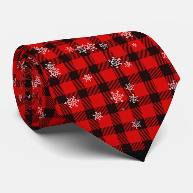 Holiday Buffalo Plaid Red Black tie Snowflake (Rolled)