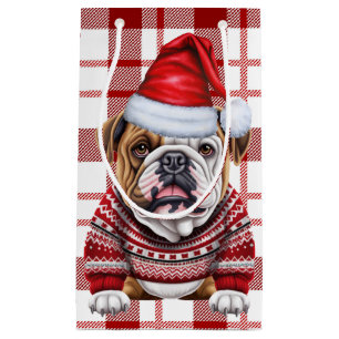 Holiday Bulldog Red and White Plaid Christmas Small Gift Bag