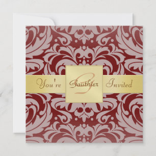 Holiday Burgandy Red Damask Gold Ribbon Invitation