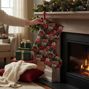 Holiday Cabin Christmas Floral Faux Embroidery Small Christmas Stocking