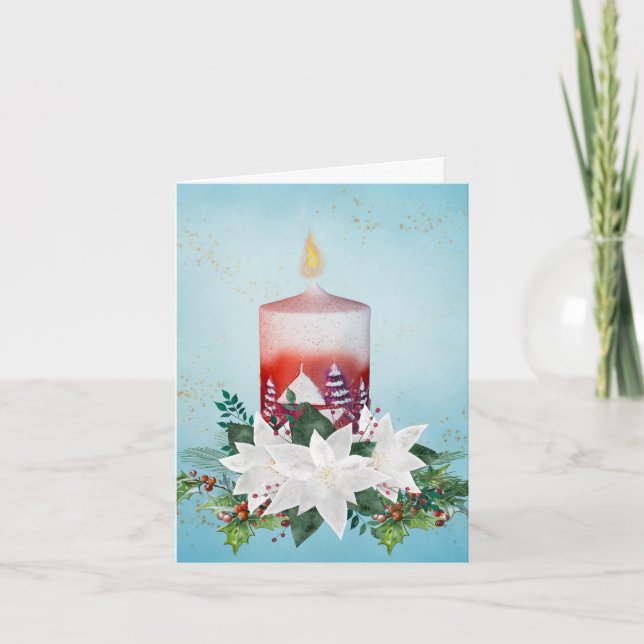 Holiday Candle and White Poinsettia Arrangement Card (Front)