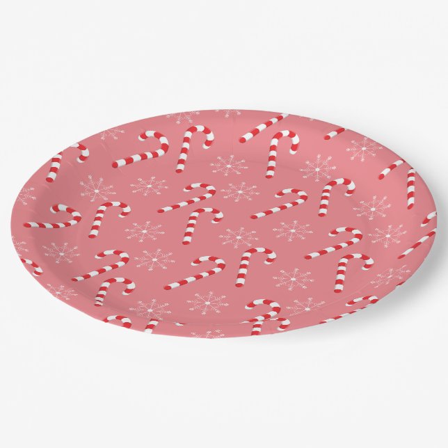 Holiday Candy Canes and Snowflake Pink Paper Plate (Angled)