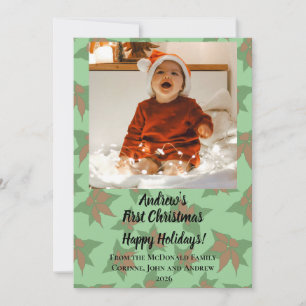 Holiday card Baby's first Christmas green