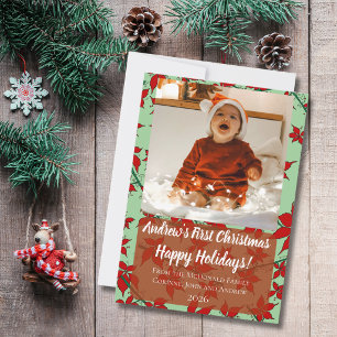 Holiday card baby's first Christmas green custom