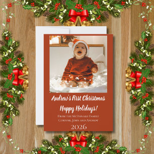 Holiday card baby's first Christmas red name year