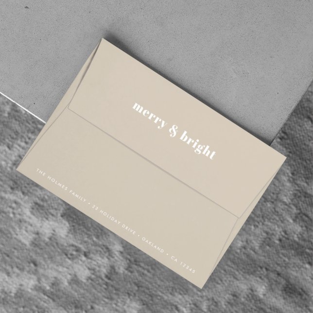 Holiday Card Envelope | Christmas Merry Mail Stone (Modern neutral warm stone “Merry & Bright” Christmas card envelope by Guava)