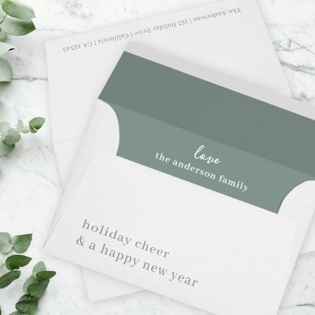 Holiday Card Envelope | Minimal Christmas Green (Elegant pre-addressed sage green holiday card envelope by Guava)