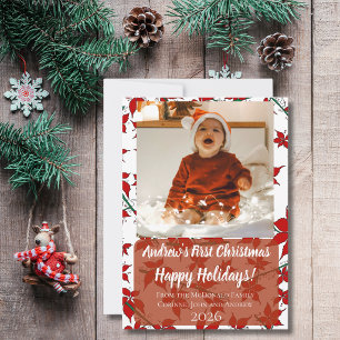 Holiday card floral baby's first Christmas custom