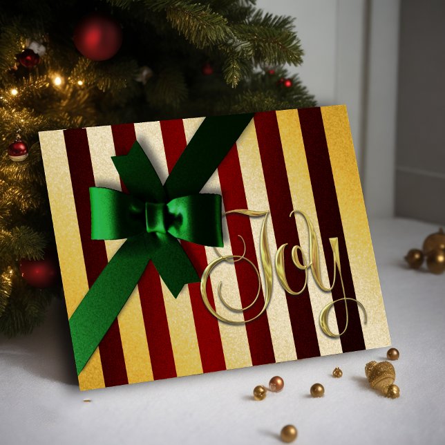 Holiday Card Green Bow Red and Gold Stripe Joy (Creator Uploaded)