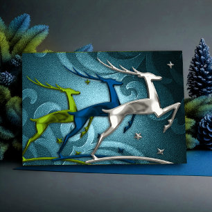 Holiday Card Reindeer Blue Green Silver