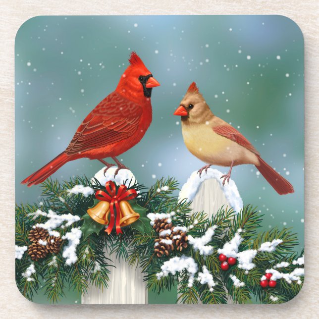 Holiday Cardinals & Christmas Garland Coaster (Front)