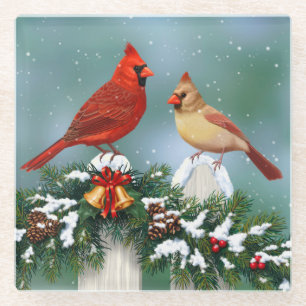 Holiday Cardinals & Christmas Garland Glass Coaster