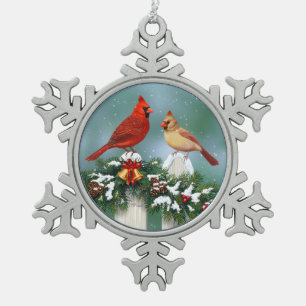Holiday Cardinals & Christmas Garland Snowflake Pewter Christmas Ornament