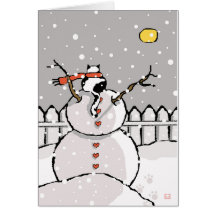 Holiday Cat Sitting on Snowman Snowy Night