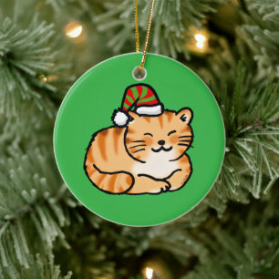 Holiday Cat with Santa Hat - Christmas Cat Lover Ceramic Ornament