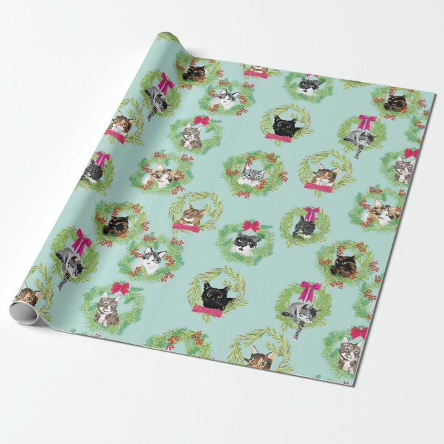 Holiday Cat Wreaths Wrapping Paper (Unrolled)