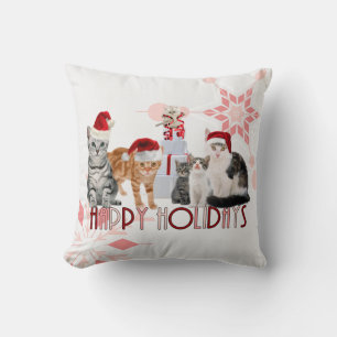 Holiday Cats Christmas   Red and Pink Snowflake Cushion
