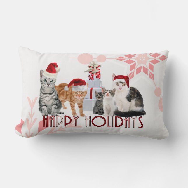Holiday Cats Christmas Red and Pink Snowflake Lumbar Cushion (Front)