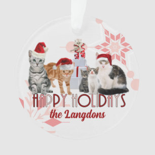 Holiday Cats Custom Red and Pink Snowflake Ornament