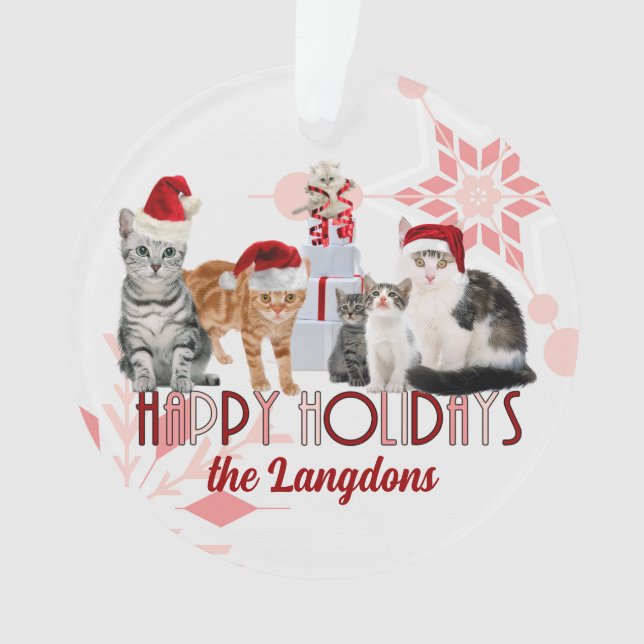 Holiday Cats Custom Red and Pink Snowflake Ornament (Front)