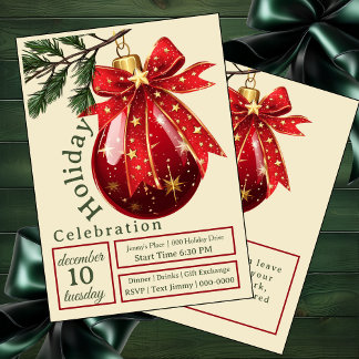Holiday Celebration Red Ornament with Cute Bow Invitation