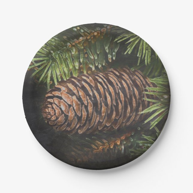 Holiday Chalk Drawn Pinecone and Pine Needles Paper Plate (Front)