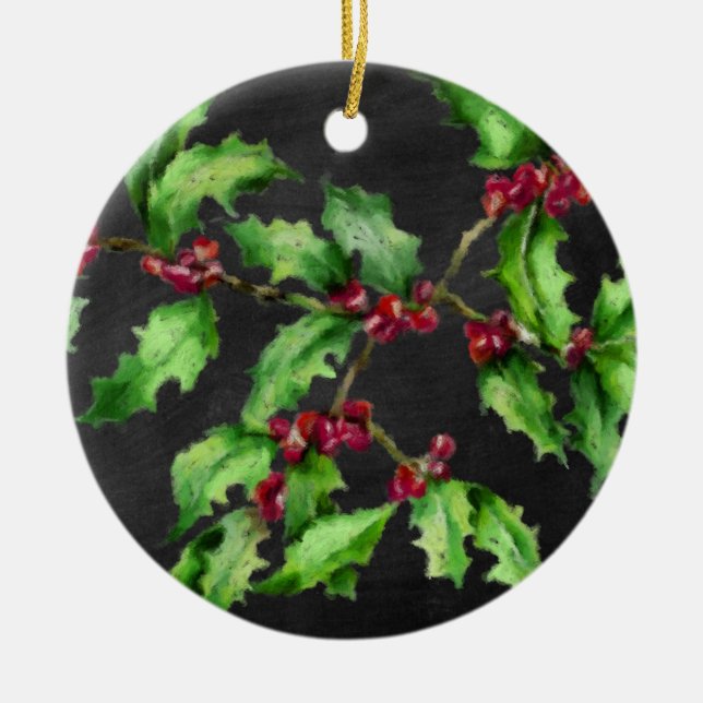 Holiday Chalk Green Holly and Red Berries Branch Ceramic Ornament (Front)