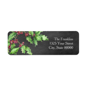 Holiday Chalk Green Holly and Red Berries Branch Return Address Label