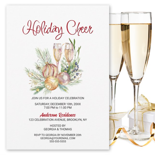 Holiday Cheer Baubles and Champagne Holiday Party Invitation (Creator Uploaded)