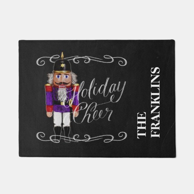 Holiday Cheer Chalkboard Purple and Red Nutcracker Doormat (Front)