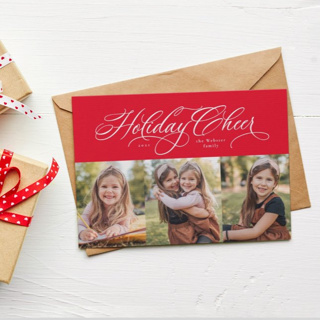 Holiday Cheer elegant three photo red card (Creator Uploaded)