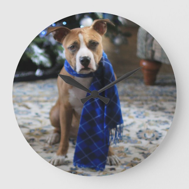 Holiday Cheer from Pit Bull Rescue Dog Large Clock (Front)