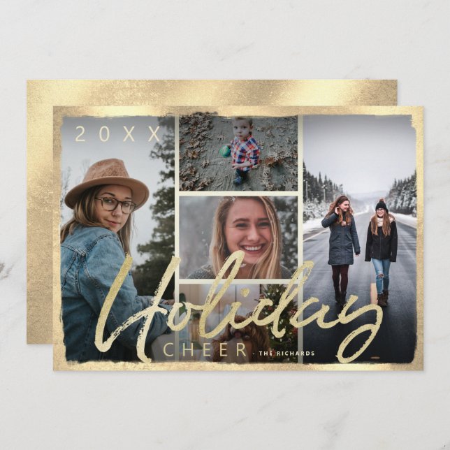 Holiday Cheer Gold Script Photo Christmas Card (Front/Back)