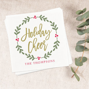 Holiday Cheer Gold Script Wreath Family Name Napkin